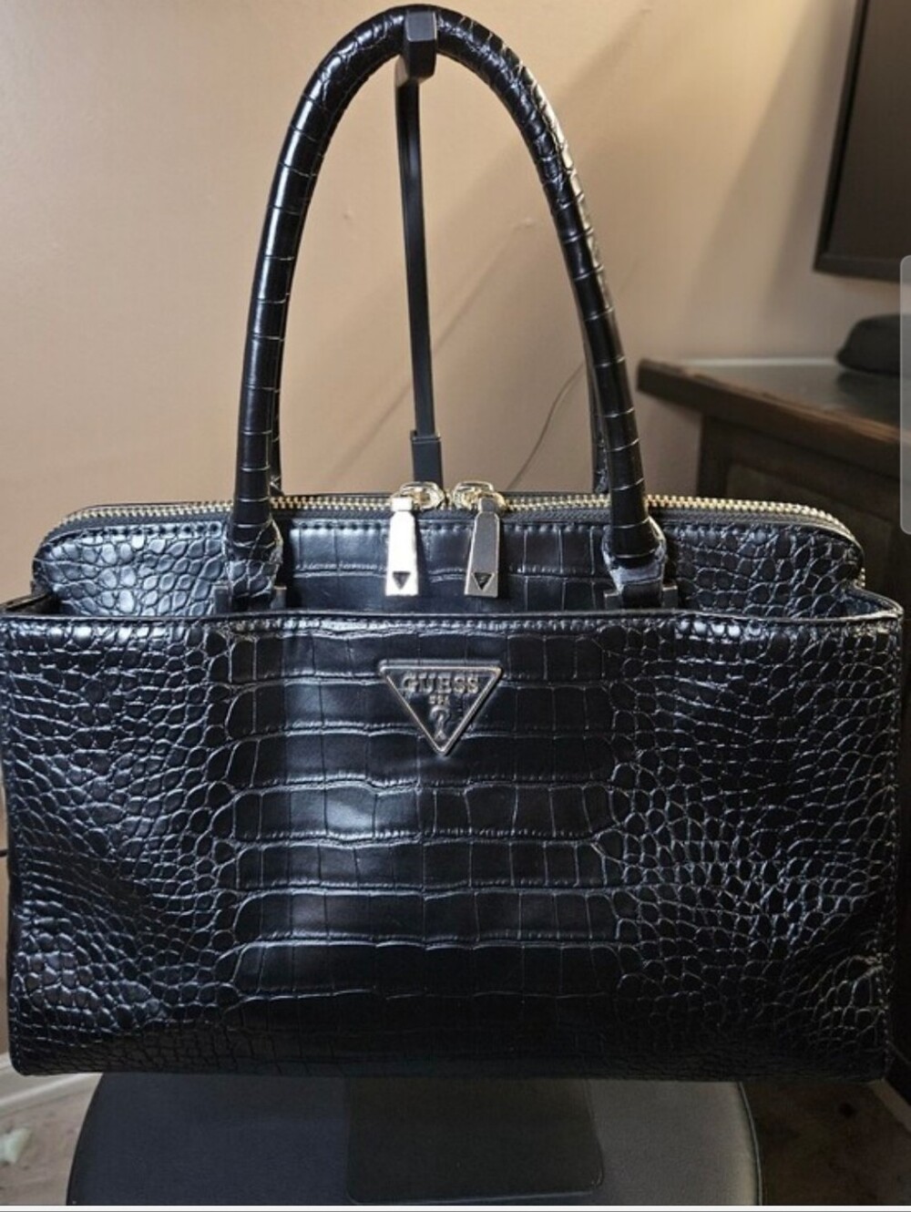 GUESS Maddy Girlfriend Black Croc-Embossed Vegan Leather Satchel